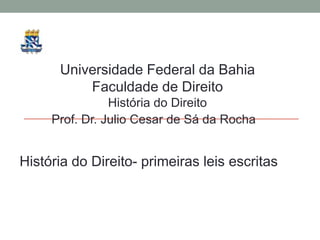 Universidade Federal da Bahia
          Faculdade de Direito
                História do Direito
     Prof. Dr. Julio Cesar de Sá da Rocha


História do Direito- primeiras leis escritas
 