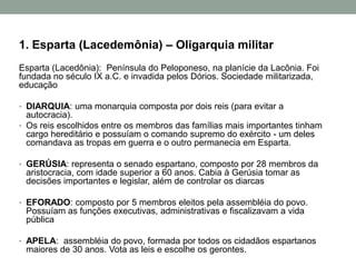 1. Esparta (Lacedemônia) – OligarquiamilitarEsparta (Lacedônia):  Península do Peloponeso, na planície da Lacônia. Foi fundada no século IX a.C. e invadida pelos Dórios. Sociedade militarizada, educaçãoDIARQUIA: uma monarquia composta por dois reis (para evitar a autocracia). Os reis escolhidos entre os membros das famílias mais importantes tinham cargo hereditário e possuíam o comando supremo do exército - um deles comandava as tropas em guerra e o outro permanecia em Esparta.GERÚSIA: representa o senado espartano, composto por 28 membros da aristocracia, com idade superior a 60 anos. Cabia à Gerúsia tomar as decisões importantes e legislar, além de controlar os diarcas EFORADO: composto por 5 membros eleitos pela assembléia do povo. Possuíam as funções executivas, administrativas e fiscalizavam a vida pública APELA: assembléia do povo, formada por todos os cidadãos espartanos maiores de 30 anos. Vota as leis e escolhe os gerontes. 