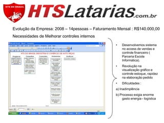 Evolução da Empresa: 2008 – 14pessoas – Faturamento Mensal : R$140.000,00
Necessidades de Melhorar controles internos
•

Desenvolvemos sistema
no access de vendas e
controle financeiro (
Parceria Escola
Informática).

•

Revolução na
visualização gráfico e
controle estoque, rapidez
na elaboração pedido

•

Dificuldades :

a) Inadimplência
b) Processo exigia enorme
gasto energia - logística

 