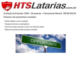 Evolução da Empresa: 2009 – 20 pessoas – Faturamento Mensal : R$185.000,00
Empresa não apresentava resultado.
• Muito trabalho x pouco resultado
• Desejo de eliminar a inadimplência
• Sonho de vender somente a vista e via cartão de crédito

• Muitos funcionários devido processo complexo

 