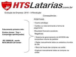 Evolução da Empresa: 2010 – A Revolução
Consequências :

POSITIVAS:
• Acerto estratégia

Faturamento primeiro mês:
Pontos chaves: Tray +
Campanhas aperfeiçoadas)

• Cartão e a vista dominando a forma de
pagamento
•Resultado financeiro excelente

Negativas:

• Sistema de gerenciamento do ACCESS não
R$ 120000,00 , sendo
R$10.000,00 Call Center

comportava volume de pedidos
• Digitar manualmente todos os cadastros oriundos
do site
• Risco de fraude das compras via cartão

•Capturar manualmente todas as compras via
cartão

 
