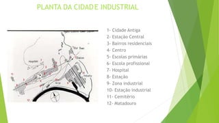 PLANTA DA CIDADE INDUSTRIAL 
1- Cidade Antiga 
2- Estação Central 
3- Bairros residenciais 
4- Centro 
5- Escolas primárias 
6- Escola profissional 
7- Hospital 
8- Estação 
9- Zona industrial 
10- Estação industrial 
11- Cemitério 
12- Matadouro 
 