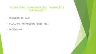 TEORIA GERAL DA URBANIZAÇÃO: ‘’HABITAÇÃO E 
‘’CIRCULAÇÃO’’ 
• INDIVIDUO NO LAR; 
• FLUCO INSTANTANEO DE PEDESTRES; 
• HIGIENISMO 
 