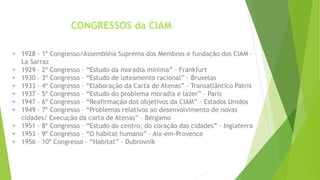 CONGRESSOS da CIAM 
• 1928 – 1º Congresso/Assembléia Suprema dos Membros e fundação dos CIAM – 
La Sarraz 
• 1929 – 2º Congresso – “Estudo da moradia mínima” – Frankfurt 
• 1930 – 3º Congresso – “Estudo de loteamento racional” – Bruxelas 
• 1933 – 4º Congresso – “Elaboração da Carta de Atenas” – Transatlântico Patris 
• 1937 – 5º Congresso – “Estudo do problema moradia e lazer” – París 
• 1947 – 6º Congresso – “Reafirmação dos objetivos da CIAM” – Estados Unidos 
• 1949 – 7º Congresso – “Problemas relativos ao desenvolvimento de novas 
cidades/ Execução da carta de Atenas” – Bérgamo 
• 1951 – 8º Congresso – “Estudo do centro, do coração das cidades” – Inglaterra 
• 1953 – 9º Congresso – “O habitat humano” – Aix-em-Provence 
• 1956 – 10º Congresso – “Habitat” – Dubrovnik 
 