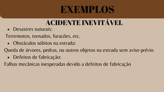 ACIDENTE INEVITÁVEL
Desastres naturais:
Obstáculos súbitos na estrada:
Defeitos de fabricação:
Terremotos, tornados, furacões, etc.
Queda de árvores, pedras, ou outros objetos na estrada sem aviso prévio.
Falhas mecânicas inesperadas devido a defeitos de fabricação
EXEMPLOS
 