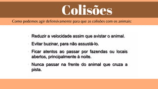 Colisões
Como podemos agir defensivamente para que as colisões com os animais:
 