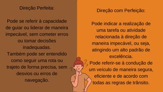 Direção Perfeita:
Pode se referir à capacidade
de guiar ou liderar de maneira
impecável, sem cometer erros
ou tomar decisões
inadequadas.
Também pode ser entendido
como seguir uma rota ou
trajeto de forma precisa, sem
desvios ou erros de
navegação.
Direção com Perfeição:
Pode indicar a realização de
uma tarefa ou atividade
relacionada à direção de
maneira impecável, ou seja,
atingindo um alto padrão de
excelência.
Pode referir-se à condução de
um veículo de maneira segura,
eficiente e de acordo com
todas as regras de trânsito.
 