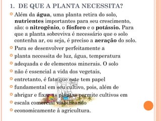1. DE QUE A PLANTA NECESSITA?
 Além da água, uma planta retira do solo,
nutrientes importantes para seu crescimento,
são: o nitrogênio, o fósforo e o potássio. Para
que a planta sobreviva é necessário que o solo
contenha ar, ou seja, é preciso a aeração do solo.
 Para se desenvolver perfeitamente a
 planta necessita de luz, água, temperatura
 adequada e de elementos minerais. O solo
 não é essencial a vida dos vegetais,
 entretanto, é fato que este tem papel
 fundamental em seu cultivo, pois, além de
 abrigar e fixar as plantas permite cultivos em
 escala comercial viabilizando
 economicamente à agricultura.
 