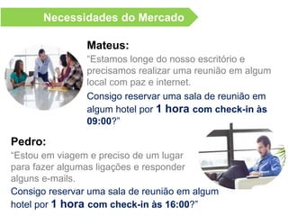 2. Quantas horas precisa
3, 6, 9 ou 12h
3. Pague um preço justo
Hospedagem sob medida
3h 60% off 6h 57% 9h 40% 12h 35%
1. Decida quando entrar
Data + Horário
Solução
 