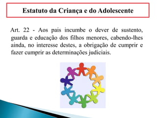 Art. 22 - Aos pais incumbe o dever de sustento,
guarda e educação dos filhos menores, cabendo-lhes
ainda, no interesse destes, a obrigação de cumprir e
fazer cumprir as determinações judiciais.
Estatuto da Criança e do Adolescente
 