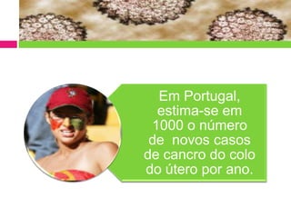 Em Portugal,
  estima-se em
 1000 o número
 de novos casos
de cancro do colo
do útero por ano.
 