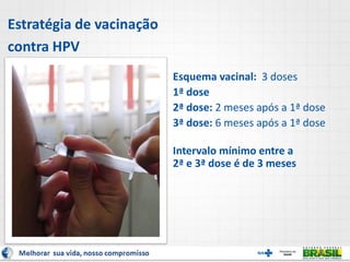 Estratégia de vacinação
contra HPV
Esquema vacinal: 3 doses
1ª dose
2ª dose: 2 meses após a 1ª dose
3ª dose: 6 meses após a 1ª dose
Intervalo mínimo entre a
2ª e 3ª dose é de 3 meses
 