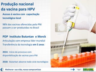 Produção nacional
da vacina para HPV
Acesso à vacina com capacitação
tecnológica local
98% das vacinas oferecidas pelo PNI
passam a ser produzidas no Brasil
PDP Instituto Butantan e Merck
Articulação com empresa líder mundial
Transferência da tecnologia em 5 anos
2014: Início do processo com
disponibilização de vacinas para PNI
2018: Butantan absorve todo ciclo tecnológico
 