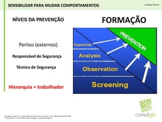 SENSIBILIZAR PARA MUDAR COMPORTAMENTOSAnabela PereiraFORMAÇÃONÍVEIS DA PREVENÇÃOPeritos (externos)Responsável de SegurançaTécnico de SegurançaHierarquia + trabalhadorConsulgés Formação S.A. | Largo Padre Bernardino Ribeiro Fernandes, N.26 | 4835-489 Nespereira GMR T. 253 560 630 | F. 253 560 639 | www.consulges.pt | geral@consulges.pt
