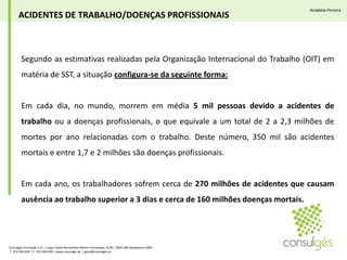 Anabela PereiraAcidentes de Trabalho/Doenças ProfissionaisSegundo as estimativas realizadas pela Organização Internacional do Trabalho (OIT) em matéria de SST, a situação configura-se da seguinte forma:Em cada dia, no mundo, morrem em média 5 mil pessoas devido a acidentes de trabalho ou a doenças profissionais, o que equivale a um total de 2 a 2,3 milhões de mortes por ano relacionadas com o trabalho. Deste número, 350 mil são acidentes mortais e entre 1,7 e 2 milhões são doenças profissionais.Em cada ano, os trabalhadores sofrem cerca de 270 milhões de acidentes que causam ausência ao trabalho superior a 3 dias e cerca de 160 milhões doenças mortais.Consulgés Formação S.A. | Largo Padre Bernardino Ribeiro Fernandes, N.26 | 4835-489 Nespereira GMR T. 253 560 630 | F. 253 560 639 | www.consulges.pt | geral@consulges.pt