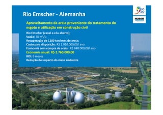 Rio Emscher - Alemanha
 Aproveitamento da areia proveniente do tratamento do
 esgoto e utilização em construção civil
 Rio Emscher (canal a céu aberto);
 Vazão: 30 m3/s;
 Recuperação de 1100 ton/mes de areia;
 Custo para disposição: R$ 1.920.000,00/ ano
 Economia com compra de areia: R$ 840.000,00/ ano
 Economia anual: R$ 2.760.000,00
 ROI: 6 meses
 Redução do impacto do meio ambiente
 
