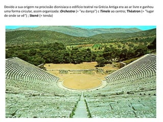 Devido a sua origem na procissão dionisíaca o edifício teatral na Grécia Antiga era ao ar livre e ganhou uma forma circular, assim organizada: Orchestra (= "eu danço") c Tímeleao centro; Théatron (= "lugar de onde se vê") ; Skené (= tenda)  