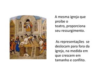     A mesma igreja queproíbe o teatro, proporciona seu ressurgimento.     As representações  se deslocam para fora da igreja, na medida em que crescem em tamanho e conflito. 