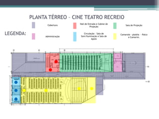 CINE TEATRO RECREIOAntes de se tornar Cine Teatro Recreio, em 1928 havia o Cine Éden um cinema que projetava filmes mudos. Depois o proprietário do Cine Éden vendeu os maquinários e a razão social para a diretoria da sociedade recreativa TENTAMEN, que cria o Cine Teatro, fazendo assim parte da vida, da cultura e da arte do estado do acre. O Cine passou por várias reformas. Antes com estruturas de madeira e assoalho de cambril. Hoje em sua atual reforma, valorizando e conservando a fachada e fazendo a junção dos cines com a Galeria de Artes e todo o entorno, o Cine se torna assim um ponto de encontro da população como se era antigamente.