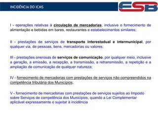 I - operações relativas à circulação de mercadorias, inclusive o fornecimento de
alimentação e bebidas em bares, restaurantes e estabelecimentos similares;
II - prestações de serviços de transporte interestadual e intermunicipal, por
qualquer via, de pessoas, bens, mercadorias ou valores;
III - prestações onerosas de serviços de comunicação, por qualquer meio, inclusive
a geração, a emissão, a recepção, a transmissão, a retransmissão, a repetição e a
ampliação de comunicação de qualquer natureza;
IV - fornecimento de mercadorias com prestações de serviços não compreendidos na
competência tributária dos Municípios;
V - fornecimento de mercadorias com prestações de serviços sujeitos ao Imposto
sobre Serviços de competência dos Municípios, quando a Lei Complementar
aplicável expressamente o sujeitar à incidência do imposto estadual.
INCIDÊNCIA DO ICMS
 