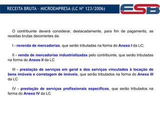 O contribuinte deverá considerar, destacadamente, para fim de pagamento, as
receitas brutas decorrentes da:
I - revenda de mercadorias, que serão tributadas na forma do Anexo I da LC;
II - venda de mercadorias industrializadas pelo contribuinte, que serão tributadas
na forma do Anexo II da LC
III - prestação de serviços em geral e dos serviços vinculados à locação de
bens imóveis e corretagem de imóveis, que serão tributados na forma do Anexo III
da LC
IV - prestação de serviços profissionais específicos, que serão tributados na
forma do Anexo IV da LC
RECEITA BRUTA – MICROEMPRESA (LC Nº 123/2006)
 