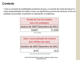 Contexto
• Com o aumento da estabilidade econômica do país, o aumento de renda da Classe C e
maior disponibilidade de crédito, houve um significativo aumento do consumo. Entre esses
produtos consumidos, encontram-se automóveis e residências.




                                            Fonte: Fenabrev




                                  Fonte: Secovi. Balanço do mercado imobiliário.


                         Amostra de Produtos K4B: Para adquirir os relatórios completos acesse:
                                                www.know4b.com.br
 