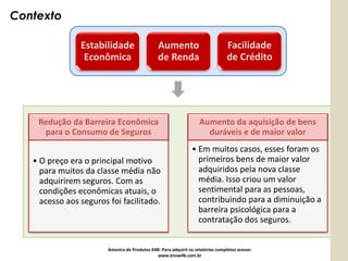 Contexto

                Estabilidade                    Aumento                          Facilidade
                 Econômica                      de Renda                         de Crédito




    Redução da Barreira Econômica                                   Aumento da aquisição de bens
     para o Consumo de Seguros                                        duráveis e de maior valor
                                                                • Em muitos casos, esses foram os
   • O preço era o principal motivo                               primeiros bens de maior valor
     para muitos da classe média não                              adquiridos pela nova classe
     adquirirem seguros. Com as                                   média. Isso criou um valor
     condições econômicas atuais, o                               sentimental para as pessoas,
     acesso aos seguros foi facilitado.                           contribuindo para a diminuição a
                                                                  barreira psicológica para a
                                                                  contratação dos seguros.


                        Amostra de Produtos K4B: Para adquirir os relatórios completos acesse:
                                               www.know4b.com.br
 