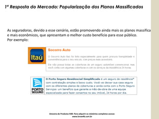 1ª Resposta do Mercado: Popularização dos Planos Massificados




 As seguradoras, devido a esse cenário, estão promovendo ainda mais os planos massificados
 e mais econômicos, que apresentam o melhor custo benefício para esse público.
 Por exemplo:




                          Amostra de Produtos K4B: Para adquirir os relatórios completos acesse:
                                                 www.know4b.com.br
 