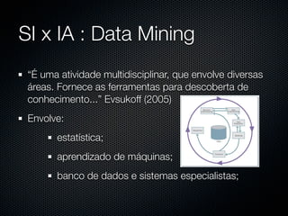 SI x IA : Data Mining
 “É uma atividade multidisciplinar, que envolve diversas
 áreas. Fornece as ferramentas para descoberta de
 conhecimento...” Evsukoff (2005)
 Envolve:
       estatística;
       aprendizado de máquinas;
                                                       !


       banco de dados e sistemas especialistas;
 