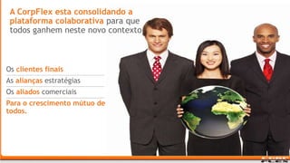 A CorpFlex esta consolidando a plataforma colaborativa para que todos ganhem neste novo contexto:Os clientes finais As alianças estratégias Os aliados comerciaisPara o crescimento mútuo de todos.