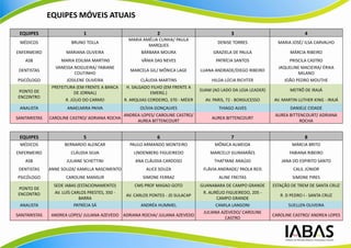 EQUIPES MÓVEIS ATUAIS

 EQUIPES                       1                                 2                                 3                               4
                                                    MARIA AMÉLIA CUNHA/ PAULA
 MÉDICOS                 BRUNO TOLLA                                                        DENISE TORRES              MARIA JOSÉ/ ILSA CARVALHO
                                                            MARQUES
ENFERMEIRO            MARIANA OLIVEIRA                   BÁRBARA MOURA                     GRAZIELA DE PAULA                MÁRCIA RIBEIRO
    ASB             MARIA EDILMA MARTINS                  VÂNIA DAS NEVES                   PATRÍCIA SANTOS                 PRISCILA CASTRO
                  VANESSA NOGUEIRA/ FABIANE                                                                            JAQUELINE MACIEIRA/ ÉRIKA
 DENTISTAS                                          MARCELA GIL/ MÔNICA LAGE         LUANA ANDRADE/DIEGO RIBEIRO
                           COUTINHO                                                                                             MILANO
PSICÓLOGO              JOSILENE OLIVEIRA                  CLÁUDIA MARTINS                 HILDA LÚCIA RICHTER             JOÃO PEDRO MOUTHE
                PREFEITURA (EM FRENTE A BANCA      H. SALGADO FILHO (EM FRENTE A
 PONTO DE                                                                            SUAM (AO LADO DA LOJA LEADER)          METRÔ DE IRAJÁ
                           DE JORNAL)                         EMERG.)
 ENCONTRO
                      R. JÚLIO DO CARMO           R. ARQUIAS CORDEIRO, 370 - MÉIER     AV. PARIS, 72 - BONSUCESSO    AV. MARTIN LUTHER KING - IRAJÁ
 ANALISTA              ANAELMIRA PAIVA              OLÍVIA GONÇALVES                         THIAGO ALVES                   DANIELE CIDADE
                                              ANDREA LOPES/ CAROLINE CASTRO/                                          AUREA BITTENCOURT/ ADRIANA
SANITARISTAS   CAROLINE CASTRO/ ADRIANA ROCHA                                             AUREA BITTENCOURT
                                                   AUREA BITTENCOURT                                                             ROCHA


 EQUIPES                       5                                 6                                 7                               8
 MÉDICOS              BERNARDO ALENCAR              PAULO ARMANDO MONTEIRO                 MÔNICA ALMEIDA                    MÁRCIA BRITO
ENFERMEIRO               CLÁUDIA SILVA                LINDENBERG FIGUEIREDO              MARCELLY GUIMARÃES                 FABIANA RIBEIRO
    ASB                JULIANE SCHETTINI               ANA CLÁUDIA CARDOSO                 THATYANE ARAÚJO              JANA DO ESPIRITO SANTO
 DENTISTAS     ANNE SOUZA/ KAMILLA NASCIMENTO               ALICE SOUZA               FLÁVIA ANDRADE/ PAOLA REIS              CALIL JÚNIOR
PSICÓLOGO             CAROLINE MANSUR                     SIMONE FERRAZ                      ALINE FREITAS                   SIMONE PIRES
                 SEDE IABAS (ESTACIONAMENTO)          CMS PROF MASAO GOTO            GUANABARA DE CAMPO GRANDE       ESTAÇÃO DE TREM DE SANTA CRUZ
 PONTO DE
 ENCONTRO        AV. LUÍS CARLOS PRESTES, 350 -                                       R. AURÉLIO FIGUEIREDO, 205 -
                                                  AV. CARLOS PONTES - JD SULACAP                                        R. D PEDRO I - SANTA CRUZ
                             BARRA                                                          CAMPO GRANDE
 ANALISTA                  PATRÍCIA SÁ                   ANDRÉA HUMMEL                      CAMILA LANGONI                 SUELLEN OLIVEIRA
                                                                                      JULIANA AZEVEDO/ CAROLINE
SANITARISTAS    ANDREA LOPES/ JULIANA AZEVEDO ADRIANA ROCHA/ JULIANA AZEVEDO                                         CAROLINE CASTRO/ ANDREA LOPES
                                                                                                CASTRO
 
