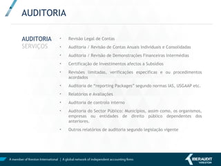 MEMBROS DE
GRUPO20
IBERAUDIT Kreston é membro do
Grupo20, um grupo que nasceu à
vinte anos na iniciativa de quinze
firmas de auditoria que decidiram
criar um Foro de Debate, Reflexão e
Opinião sobre todos os aspectos
relacionados com a auditoria, sobre
o seu papel na sociedade e, em
geral, sobre tudo o que se refere
com a transparência da informação
económica e financeira.
Hoje são dezanove as empresas que
integram o Grupo20, que controlam
uma percentagem muito
significativa do mercado espanhol.
Grupo20, Foro de
Debate,
Reflecção e
Opinião de
Auditoria
 