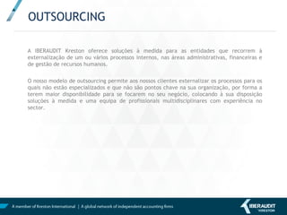 CRESCIMENTO
Crescimento anual de
Kreston International em
US$m
O NOSSO COMPROMISSO
Os membros de Kreston devem cumprir diferentes requisitos e,
sobretudo, aplicar normas de qualidade e metodologia exigentes.
A Kreston oferece serviços de auditoria de acordo com as Normas
Internacionais de Auditoria, que incluem:
• Serviços de Contabilidade e Auditoria
• Impostos colectivos e singulares
• Finanças e reestruturações
• Gestão de riscos
• Serviços de consultoria
 