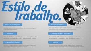 Estilo de
Trabalho.
Ênfase na recompensa
Acredito que existem oportunidades de crescimento e ganho
para quem está disposto.

Inovação
Tenho flexibilidade e abertura para o novo, para as novidades
que podem melhorar o ambiente e os processos de trabalho.

Trabalho em equipe
Decisões e responsabilidade devem ser compartilhadas, e o
foco é menos no indivíduo e mais na equipe.

Atenção a detalhes
Tudo que é feito, é devidamente analisado, e a qualidade do
desenvolvimento do trabalho é muito importante.

Orientação para o resultado
A execução é muito importante, mas atingir o resultado é uma
prioridade para a finalização e êxito de qualquer projeto.

Suporte
As pessoas devem ser valorizadas, e além disso, considero a
harmonia muito importante para o desenvolvimento do trabalho.

 