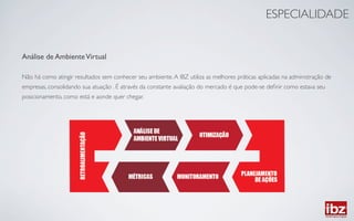 ESPECIALIDADE	



Análise de Ambiente Virtual	

	

Não há como atingir resultados sem conhecer seu ambiente. A IBZ utiliza as melhores práticas aplicadas na administração de 	

empresas, consolidando sua atuação . É através da constante avaliação do mercado é que pode-se deﬁnir como estava seu 	

posicionamento, como está e aonde quer chegar.	

	

 
