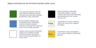 Alguns exemplos de sentimentos trazidos pelas cores
poder, sexualidade, sofisticação,
formalidade, elegância, riqueza,
mistério, medo, anonimato, infelicidade,
profundidade, estilo, mal, tristeza,
remorso, raiva
fé, espiritualidade, lealdade, paz,
tranquilidade, calma, estabilidade,
harmonia, confiança, verdade,
confiança, conservadorismo, segurança,
ordem, frio, tecnologia, depressão
cura, calma, perseverança, natureza,
meio ambiente, saudável, boa sorte,
renovação, juventude, vigor, fertilidade,
inexperiência, inveja, imaturidade
riqueza, glamour, fascínio, diferença,
natural, liso, suave, macio, elegante,
tecnológico
respeito, mesura, pureza, simplicidade,
limpeza, paz, humildade, precisão,
inocência, juventude, nascimento,
inverno, neve, bom, esterilidade, frio,
clínico, estéril
preciosidade, riqueza, extravagância,
calor, riqueza, opulência, prosperidade,
grandeza
Prata
Ouro
 
