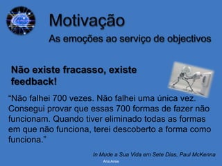 Não existe fracasso, existe
feedback!
“Não falhei 700 vezes. Não falhei uma única vez.
Consegui provar que essas 700 formas de fazer não
funcionam. Quando tiver eliminado todas as formas
em que não funciona, terei descoberto a forma como
funciona.”
                    In Mude a Sua Vida em Sete Dias, Paul McKenna
                       Ana Aires
 