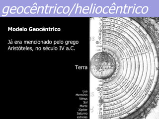 geocêntrico/heliocêntrico
 Modelo Geocêntrico

 Já era mencionado pelo grego
 Aristóteles, no século IV a.C.


                             Terra



                                  Lua
                             Mercúrio
                                Vénus
                                   Sol
                                Marte
                               Júpiter
                              Saturno
                              estrelas
 