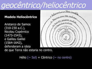 geocêntrico/heliocêntrico
 Modelo Heliocêntrico

 Aristarco de Samos
 (310-230 a.C.),
 Nicolau Copérnico
 (1473-1543),
 e Galileu Galilei
 (1564-1642),
 defenderam a ideia
 de que Terra não estaria no centro.

           Hélio (~ Sol) + Cêntrico (~ no centro)
 