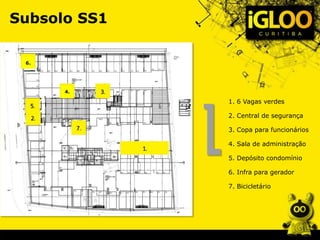1. 6 Vagas verdes
2. Central de segurança
3. Copa para funcionários
4. Sala de administração
5. Depósito condomínio
6. Infra para gerador
7. Bicicletário
Subsolo SS1
4.
6.
 