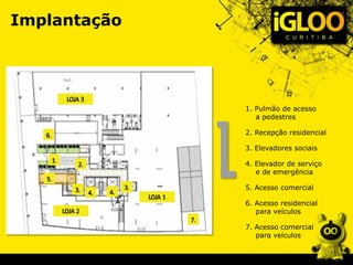 1. Pulmão de acesso
a pedestres
2. Recepção residencial
3. Elevadores sociais
4. Elevador de serviço
e de emergência
5. Acesso comercial
6. Acesso residencial
para veículos
7. Acesso comercial
para veículos
Implantação
 
