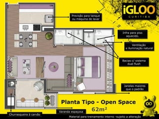 Planta Tipo - Open Space
62m2
Previsão para tanque
ou máquina de lavar
Ventilação
e iluminação natural
Janelas maiores
que o padrão
Varanda espaçosa
Churrasqueira à carvão
Bacias c/ sistema
dual flush
Infra para piso
aquecido.
Material para treinamento interno -sujeito a alteração
 