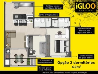Opção 2 dormitórios
62m2
Ponto p/ tanque
ou máquina de lavar
Infra p/ fogão elétrico
Possibilidade de
alteração dos
layout dos BWCS
Janelas maiores
do que o padrão.
Churrasqueira a
carvão com cuba.
Sacada grande
para refeições.
Material para treinamento interno -sujeito a alteração
 