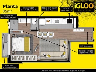 Planta
35m2
Banheiro com
layout diferenciado.
Bacias com sistem
a dual flush.
Infra p/
fogão elétrico
Hall de acesso.
Lareira ecológica
na personalização.
Iluminação/
ventilação natural.
Infra para
ar condicionado.
Material para treinamento interno -sujeito a alteração
 