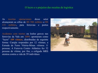O lucro e o prejuízo das receitas de logística



As receitas operacionais desse setor
alcançaram as cifras de R$ 588 milhões e R$
131 milhões, para ferrovias e portos
respectivamente.

Acidentes com mortes ou lesões graves nas
ferrovias da Vale em 2009: apontaram como
“lucro” 109 vítimas, distribuídas da seguinte
forma: Carajás respondeu por 12 vítimas; a
Estrada de Ferro Vitória-Minas vitimou 11
pessoas; A Ferrovia Centro Atlântica fez 32
pessoas de vítima; por fim, a coligada MRS
atentou contra a vida de 59 indivíduos
 