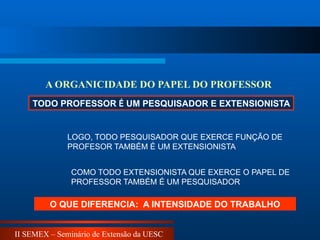 II SEMEX – Seminário de Extensão da UESC
TODO PROFESSOR É UM PESQUISADOR E EXTENSIONISTA
LOGO, TODO PESQUISADOR QUE EXERCE FUNÇÃO DE
PROFESOR TAMBÉM É UM EXTENSIONISTA
A ORGANICIDADE DO PAPEL DO PROFESSOR
COMO TODO EXTENSIONISTA QUE EXERCE O PAPEL DE
PROFESSOR TAMBÉM É UM PESQUISADOR
O QUE DIFERENCIA: A INTENSIDADE DO TRABALHO
 