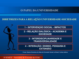 II SEMEX – Seminário de Extensão da UESC
1 – INTERVENÇÃO SOCIAL - IMPACTOS
2 – RELAÇÃO DIALÓGICA – ACADEMIA E
SOCIEDADE
3 – INTERDISCIPLINARIDADE E
TRANSVERSALIDADE
4 – INTERAÇÃO: ENSINO, PESQUISA E
EXTENSÃO
DIRETRIZES PARAA RELAÇÃO UNIVERSIDADE-SOCIEDADE
O PAPEL DA UNIVERSIDADE
Fonte: Dados Extraídos do Atlas de Exclusão Social no Brasil. Cortez editora
 