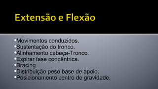 • Movimentos conduzidos.
• Sustentação do tronco.
• Alinhamento cabeça-Tronco.
• Expirar fase concêntrica.
• Bracing
• Distribuição peso base de apoio.
• Posicionamento centro de gravidade.
 