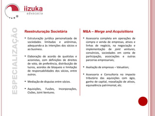 Acesso exclusivo aos clientes por meio do site www.iizuka.adv.br. O trabalho objetiva oferecer soluções jurídicas e empresariais com:Visão de negócio conjugada com a estratégia empresarial;