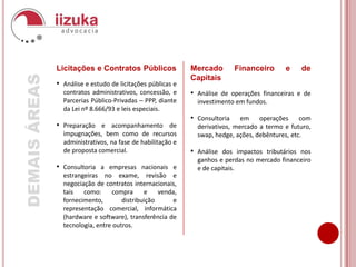 Atendimento personalizado.Metodologia de TrabalhoA Iizuka Advocacia desenvolveu uma forma de trabalho diferenciada de outros escritórios de advocacia, baseada na gestão de processos internos e de projetos, em que são controlados cada fase e os prazos de execução das tarefas.A diferença desta metodologia é que o escritório não se limita a apenas  recomendar uma solução, mas  implementa e verifica o resultado final, e após um determinado período verifica se houve alguma alteração legal que possa influenciar no projeto inicial. Ciclo Anual